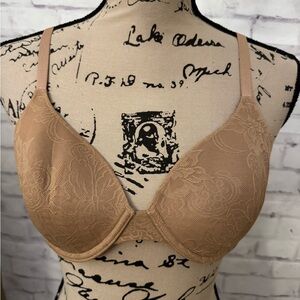 Natori Private Luxuries Bra Beige 36B Underwire T‎ Shirt Lined Lace Overlay